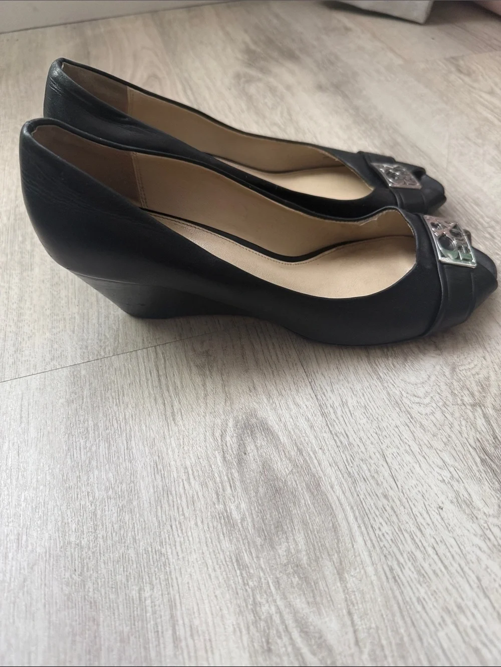 Coach Black Peep-Toe Wedge Pumps with Silver Logo Accent